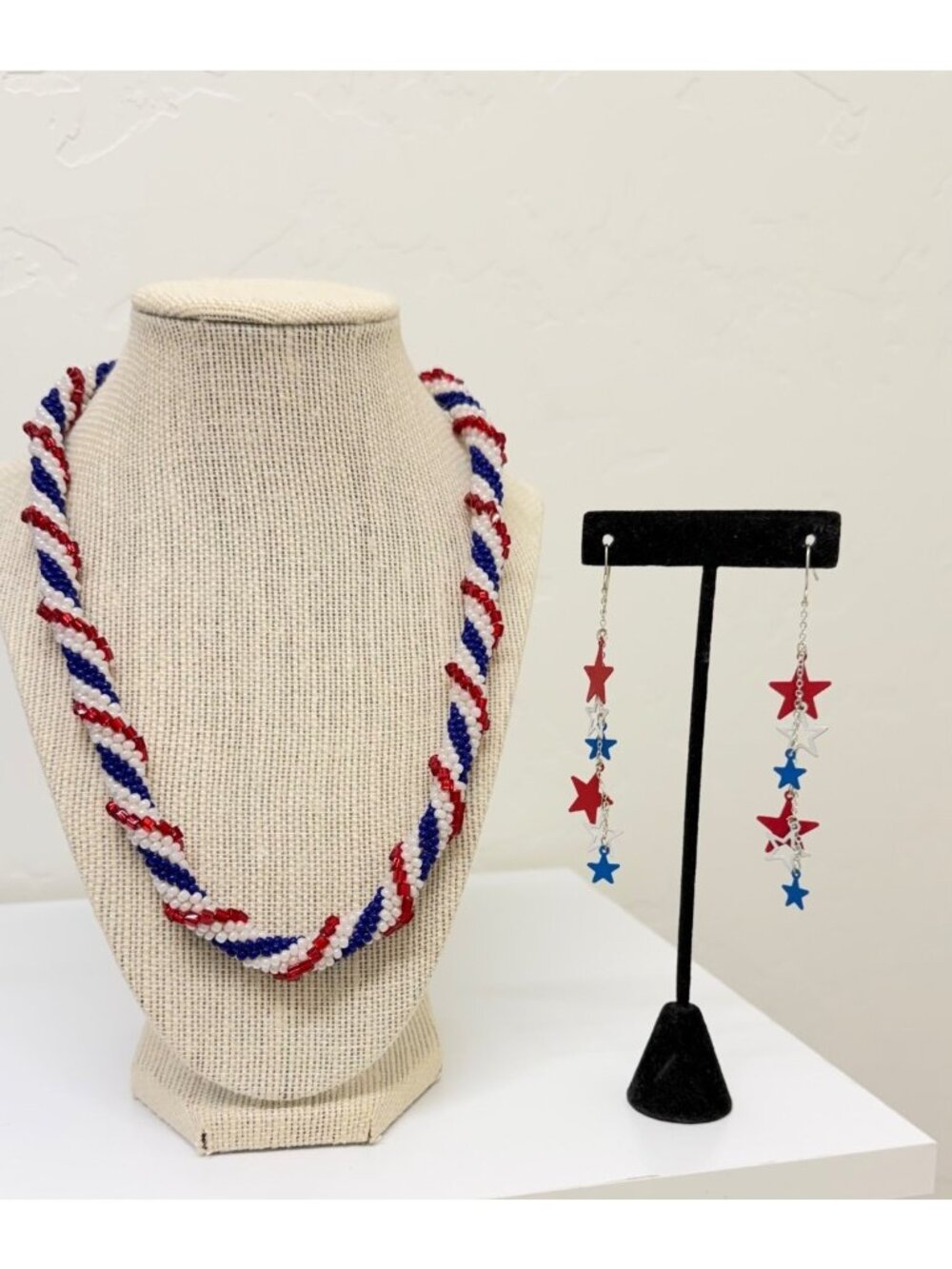 Patriotic Red White Blue Beaded Necklace & Star Dangle Earrings Set
